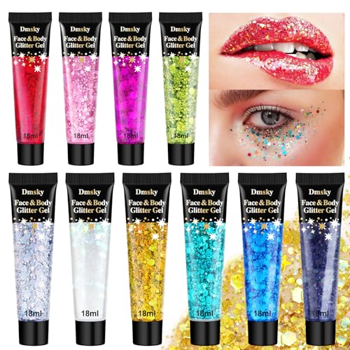 10 Colors Body Glitter,Face Glitter Makeup for Kids Women,Sparkly Chunky Hair Glitter for Eye Lip Hair Nails,Mardi Gras Gl...