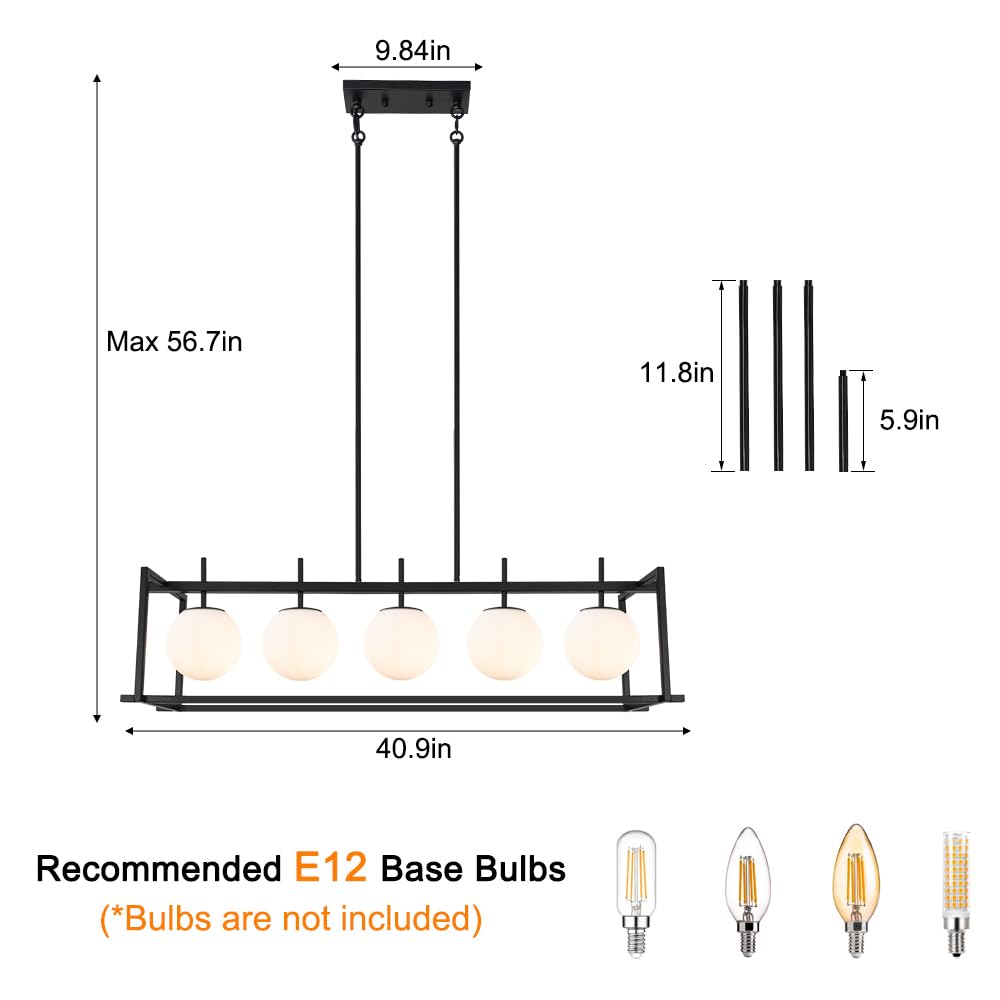 Dsmjfu Black Farmhouse Rectangular Chandelier For Dining Room  5-Light Linear Pendant Lighting  Rectangular Kitchen Island Light With Milky White Glass Ball Shades  Adjustable Height Hanging Lighting
