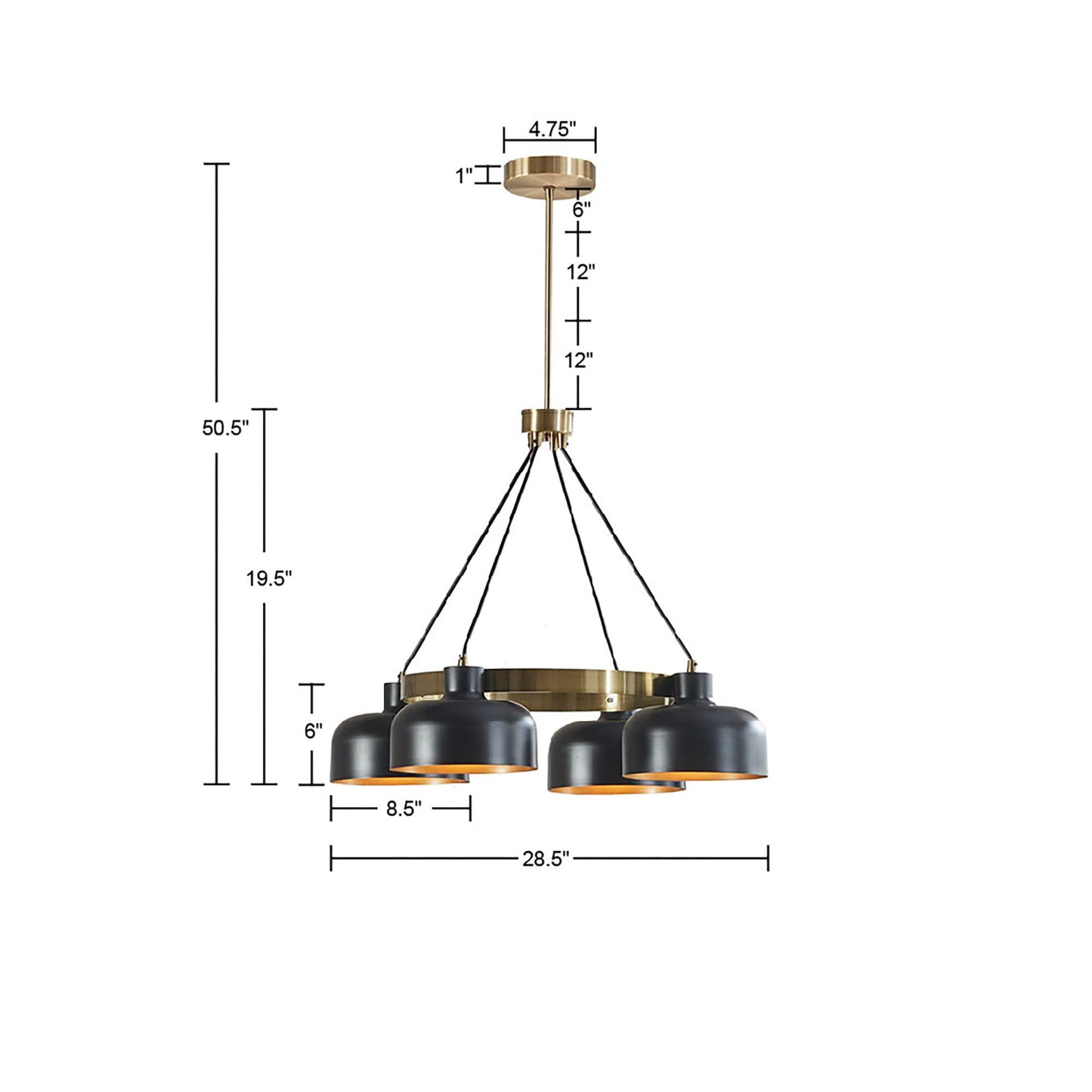 INK+IVY Abbott Chandelier, Adjustable Rod, 4 Bulbs, Iron, 28.5inDia x 26.5inH-50.5inH, Black/Gold, Model