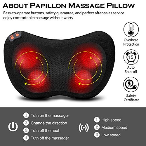 Papillon Back Massager with Heat,Shiatsu Neck Massager Pillow for Back,Neck,Shoulder,Foot & Lower Back Pain Relief,Electri...
