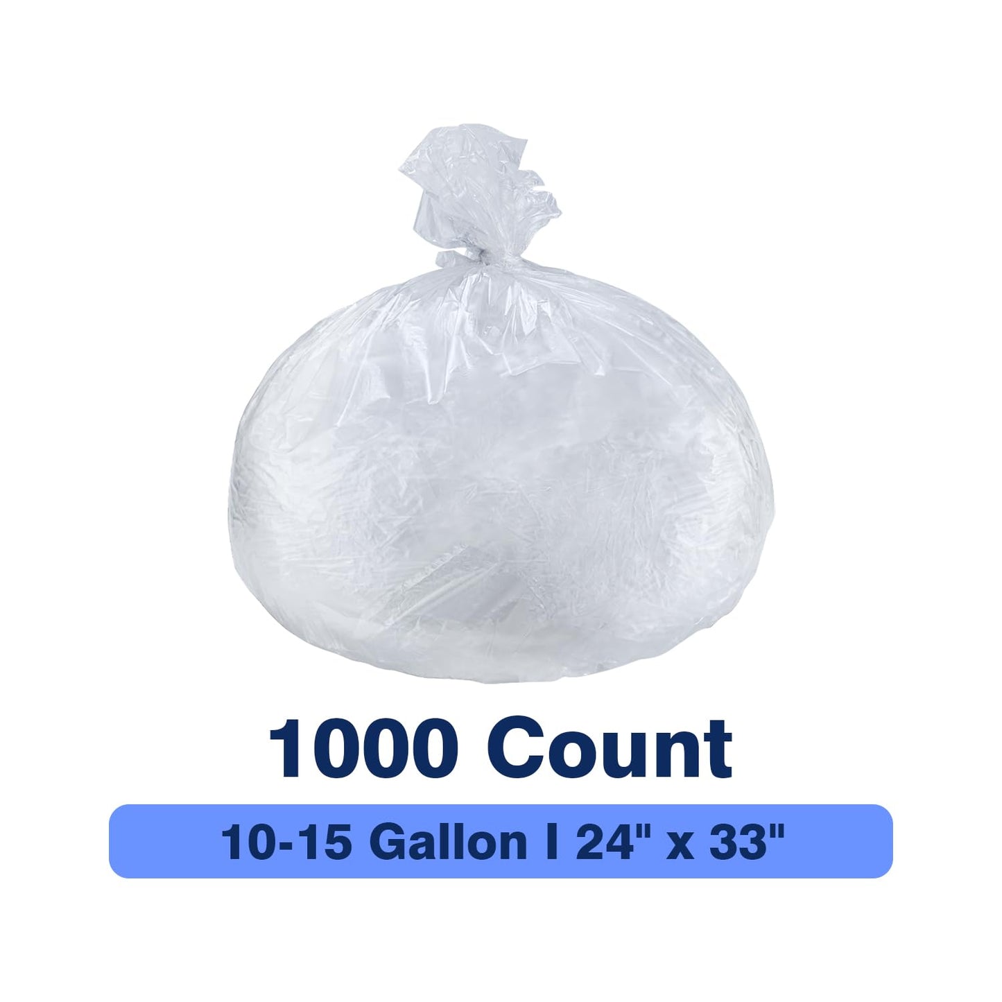 Plastiguide Clear Trash Can Liners, 10-15 Gallon, 24'' x 33'', Wholesale 1000 Count, High Density Garbage Bags for Bathroom, Office, Commercial and Industrial Use