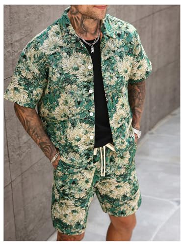 RoseSeek Men's 2 Piece Vacation Beach Outfits Floral Short Sleeve Button Down Shirt and Shorts Summer Clothing Set