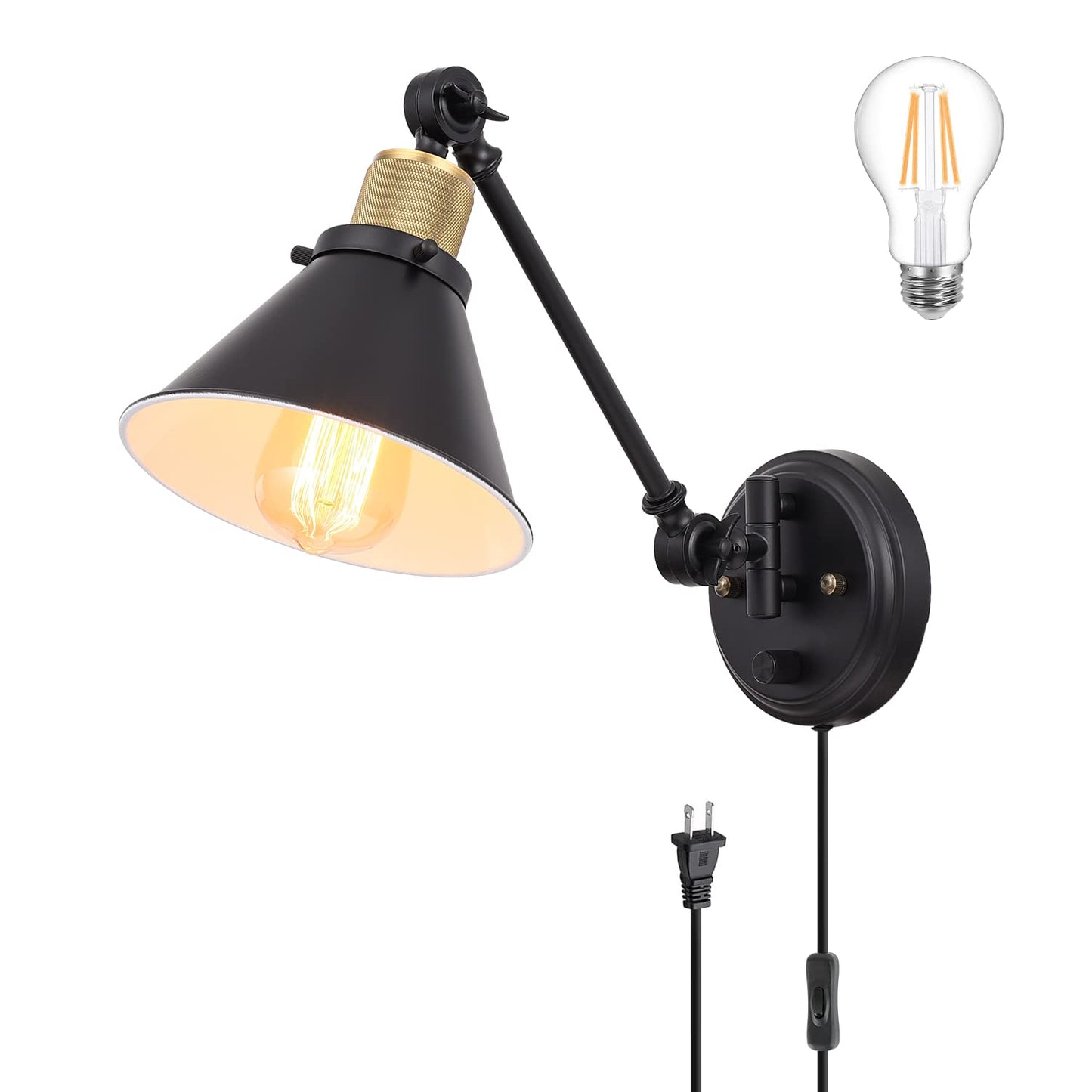 TRLIFE Wall Sconce, Dimmable Swing Arm Light, Metal, Black, 1 Pack, Model Arm-Sconce-01, Bulb Included