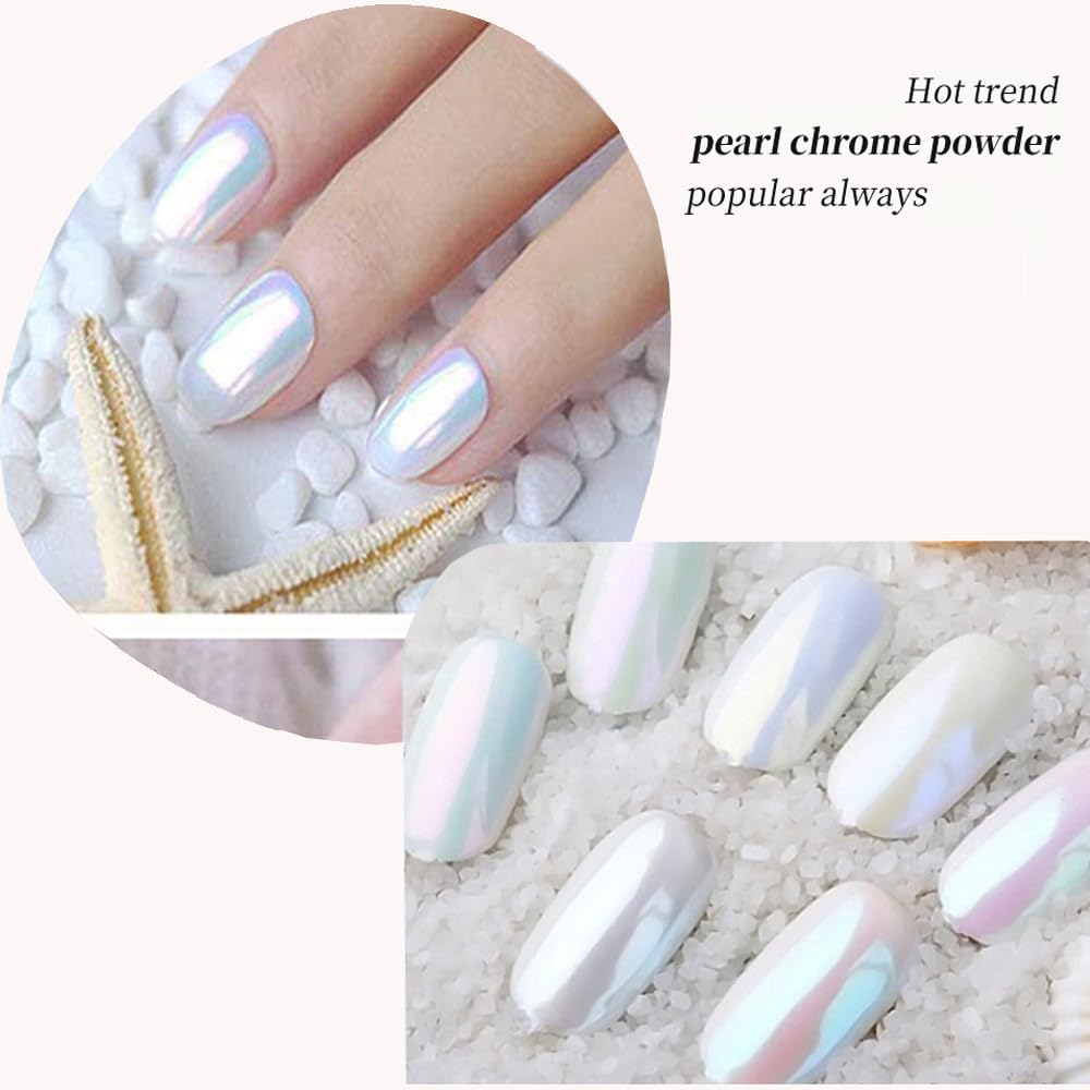 Pretty Diva 7 Colors Pearl Chrome Powder Set, Magic White Pearl Chrome Powder for Nails Aurora Iridescent Pearl Nail Chrome Powd
