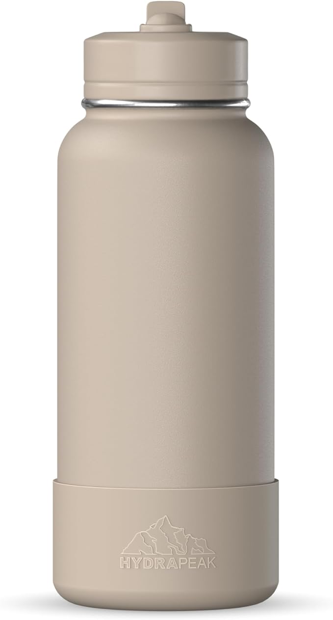 Hydrapeak 32oz Sport Insulated Water Bottle with Straw or Chug Lid, Leak & Spill Proof, Keeps Drinks Cold for 24 Hours, Hot for 12 Hours, Premium Stainless Steel Water Bottles (32oz, Latte)