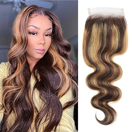 Lace Closure Human Hair Pre Plucked With Baby Hair 4/27 Closure Body Wave Brown To Honey Blonde Two Tone 4X4 Free Part Bleached