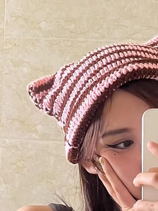 Women Girls Boys Teens Cute CAT Kitty Ears Hats, Winter Warm Knitted Stripe Grunge Accessories Slouchy Headgear
