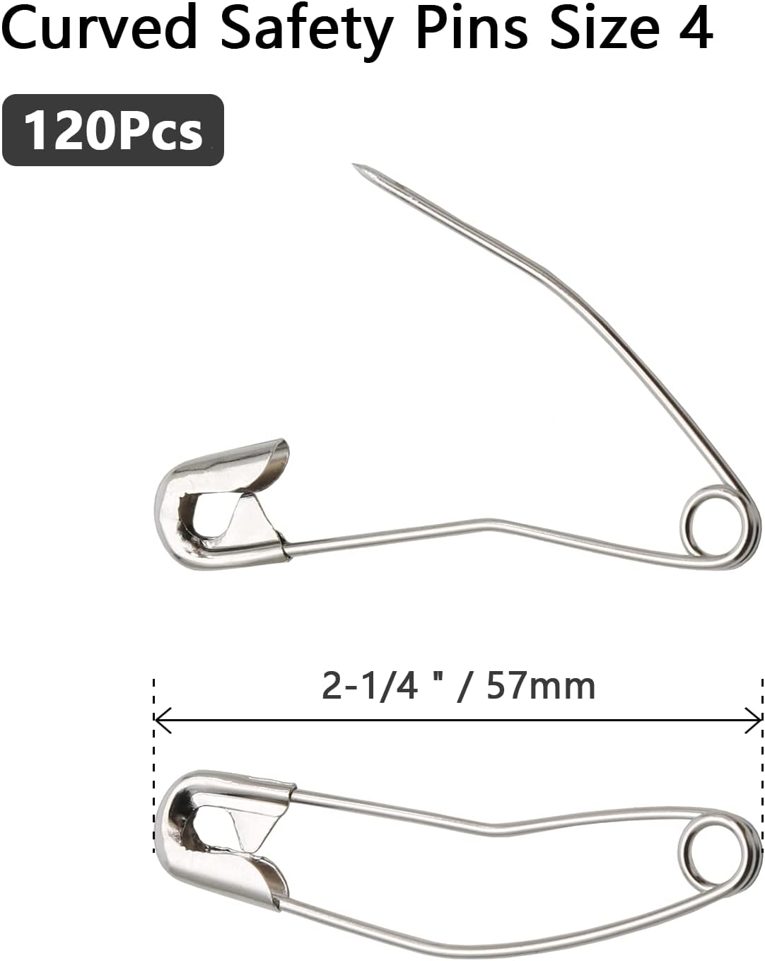 120Pcs Curved Safety Pins Size 4, 2-1/4 inch / 57mm Quilting Basting Pins, Bent Safety Pins for Quilting and Knitting (Sliver)