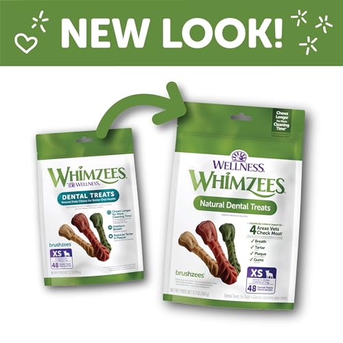 WHIMZEES Wellness Brushzees Dog Dental Treats, Extra Small Size Stick, (48 Count)