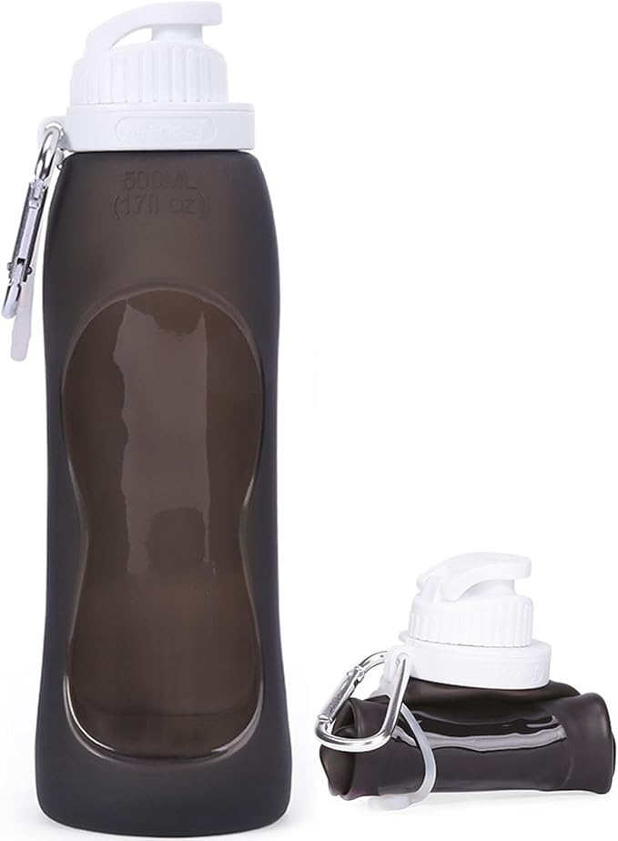 Wesoke Sport Collapsible Water Bottles Black, 500 ml/17oz Foldable Travel Water Bottle Cup, Lightweight Food Grade Silicone Reusable Leakproof Water Bottles with Carabiner for Gym Running Cycling