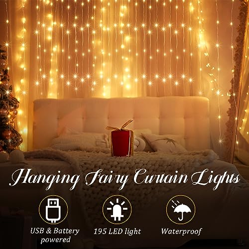 Tuanse 195 LED Curtain Tapestry Lights Backdrop String Lights, 6.5 x 5 Feet Hanging Fairy Curtain Light with 8 Lighting Mo...
