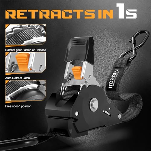 ITORRIN Retractable Ratchet Straps(4 PK)- 1 Inch x 10 Feet (1,650lb Break Strength)-Self Retracting Tie Down Straps for Mo...