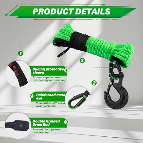 TYT Synthetic Winch Rope Kit - 1/4'' x 50' with 10000 lbs Strength, Protective Sleeve, Heavy Duty Hook, Rubber Stopper, & ...