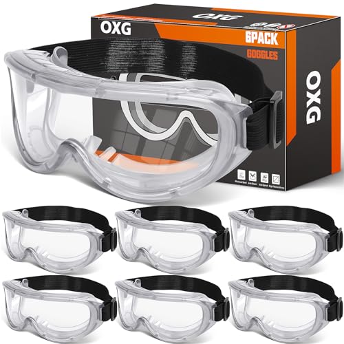 OXG 6 Pack Protective Safety Goggles Anti-Fog, Adjustable Chemical Splash Eye Protection Science Lab Goggles for Women Men