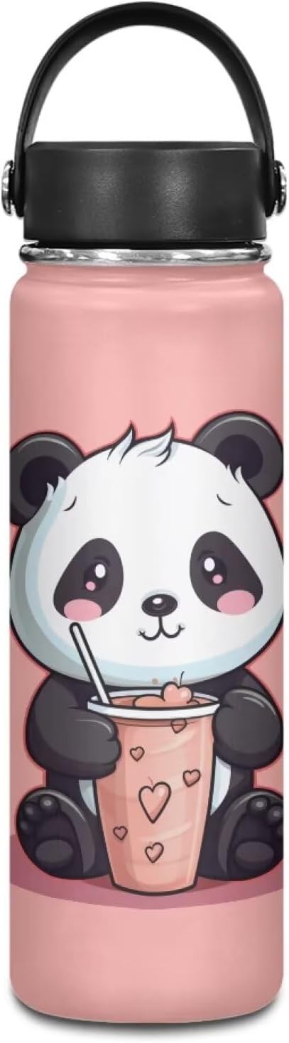 Cute Panda Insulated Water Bottles with Handle Stainless Steel Metal Water Bottle, Cold & Hot Water Bottle 20 oz, Leak Proof Travel with Milk Tea Designs Pink