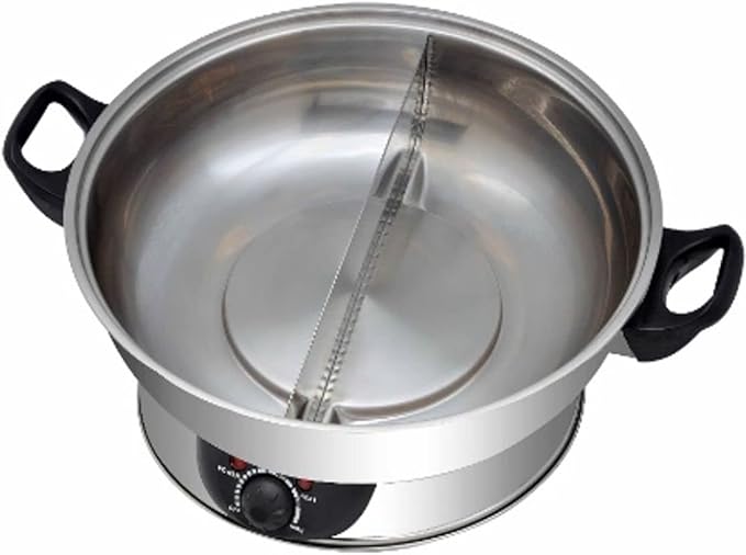 Electric Dual Sided Shabu Shabu Divider Hot Pot with Burner and Glass Lid, 5.0L, Stainless Steel with Multi Control