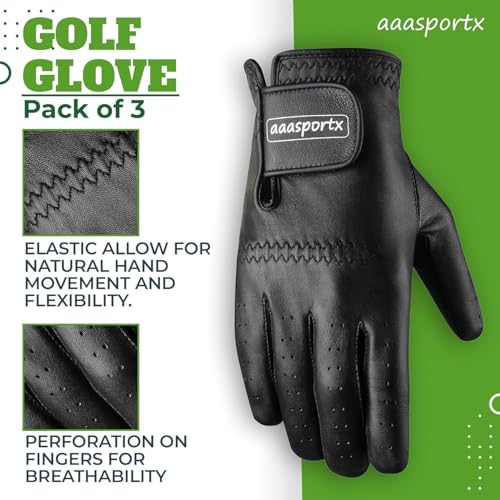 aaasportx Golf Gloves Men 3 Pack for Golfer (Worn On Left/Right Hand) Golf Glove Breathable Comfotable Fit Great Golf Gifts