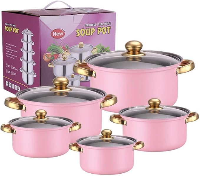 10PCS Stainless Steel Cookware Sets Nonstick Cookware Pot Dishwasher Safe Pots with Glass Lids for Soup, Pasta, Stew, Rice, Healthy Everyday Use for Gas Electric Halogen Ceramic Induction Hobs 04