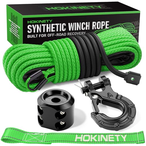 HOKINETY Synthetic Winch Rope Kit - 1/4" x 50' 10000 lbs Kinetic Recovery Cable for ATV UTV Off-Road Vehicles with Forged ...