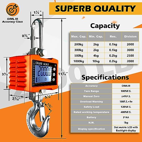 YATOINTO 2200lb Digital Crane Scale High Precision Heavy Duty Industrial Hanging Scale with Remote Control Aluminum Case C...
