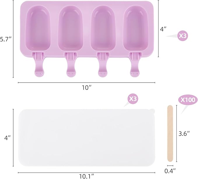 3 Set Violet Popsicles Molds with Lids and 100 Pcs Wooden Popsicles Sticks, Standard Size 4 Cavities Silicone Ice Pop Molds for Making Cakesicles, Cake Pops, Ice Cream - BPA Free