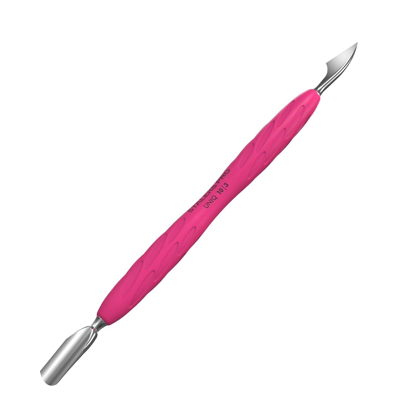 Staleks Manicure pusher Gummy with silicone handle UNIQ 10 TYPE 3 – Stainless Steel – Professional Cuticle Tool (rounded narrow pusher and cleaner)