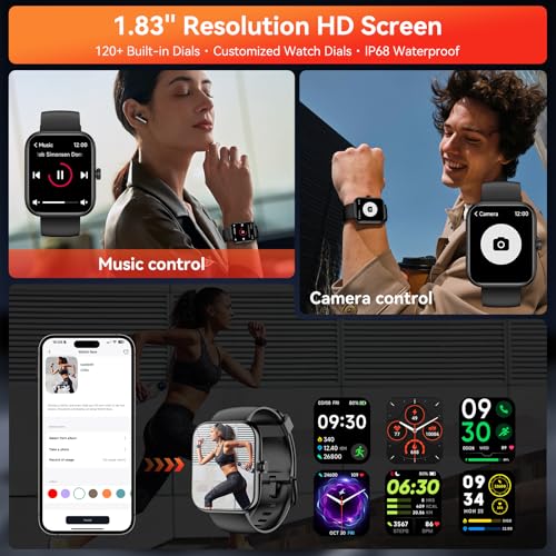 Smart Watch with Alexa, 1.83" HD Fitness Tracker, Message Notifications, IP68 Waterproof, 120+ Sport Modes, 24/7 Heart Rat...