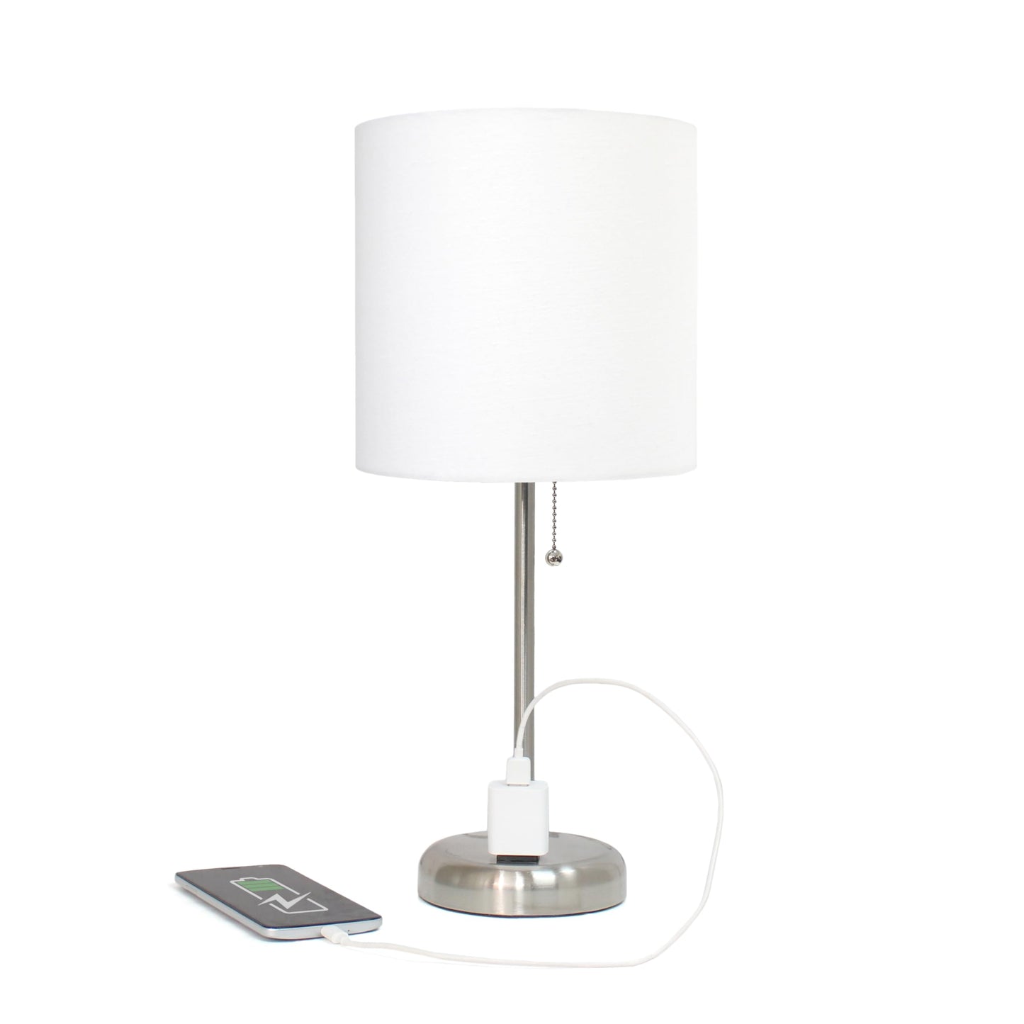 Simple Designs LT2024-WHT Table Lamp Pack of 2, Brushed Steel/White with Charging Outlet and Drum Fabric Shade