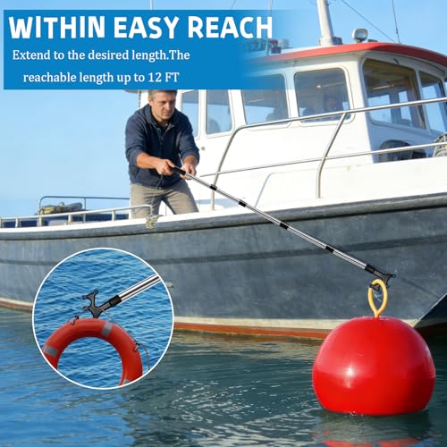 Boat Hook with 3-12Ft Adjustable Extension Pole, Stainless Steel Boat Accessories with Protective Rubber, Durable, Sturdy...