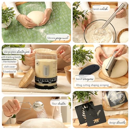 All-Inclusive 𝗣𝗥𝗘𝗠𝗜𝗨𝗠 Sourdough Starter Kit with Pot, 34 Oz Starter Jar, 4 Banneton Bread Proofing Baskets, Scrape...