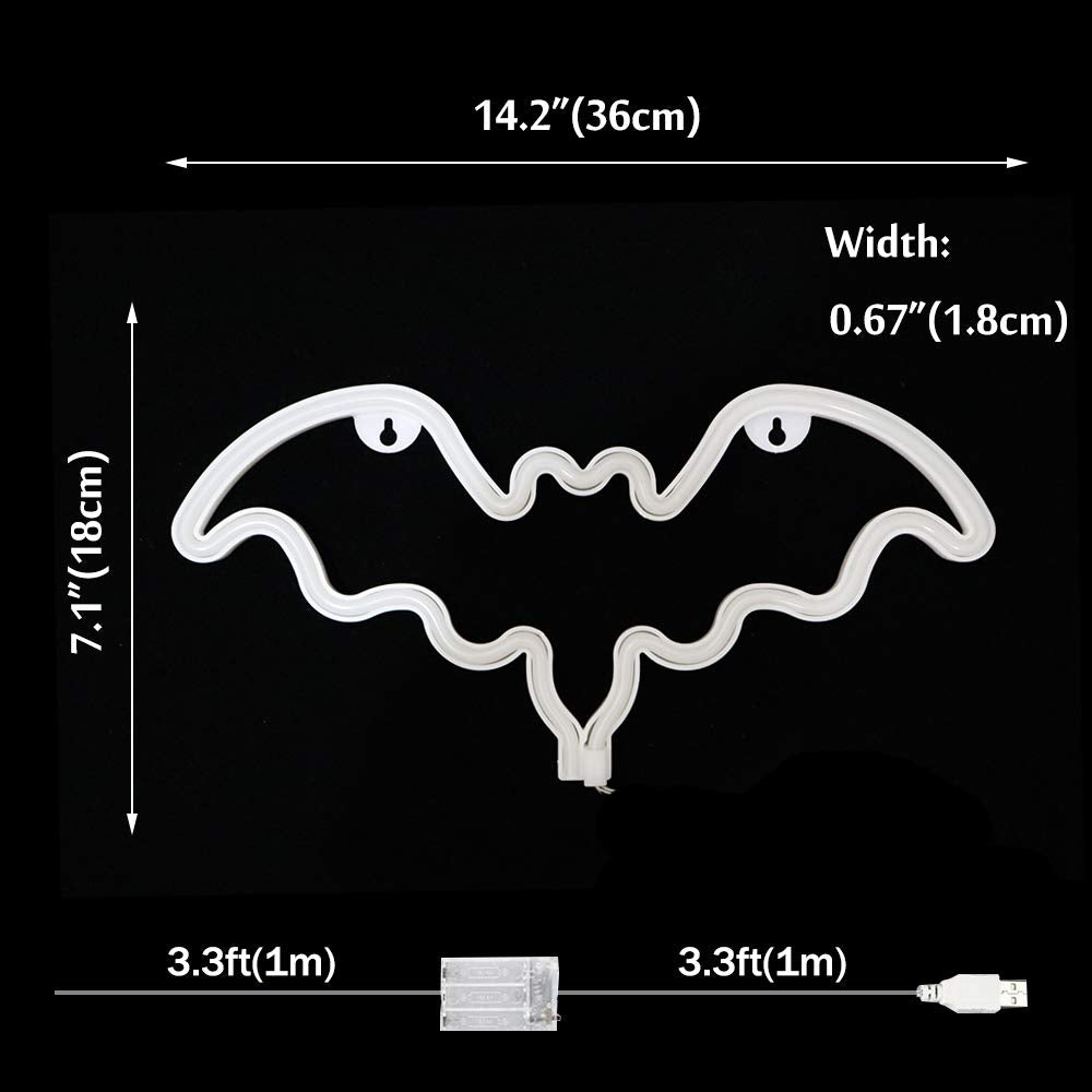 Vicila LED Neon Bat Sign Halloween Night Light, Plastic, 39.4L x 7.1W, White, Model 01, Spooky Wall Decor for Teens and Parties