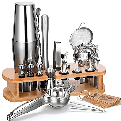 24-Piece Cocktail Shaker Bartender Kit with Stand, Boston Shaker, Mixing Spoon, Muddler, Measuring Jigger, Lemon Squeez, T...