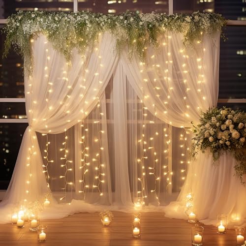 White Sheer Tulle Backdrop Curtain with Lights String- Wedding Backdrop Decorations for Reception Ceremony Home Party Phot...