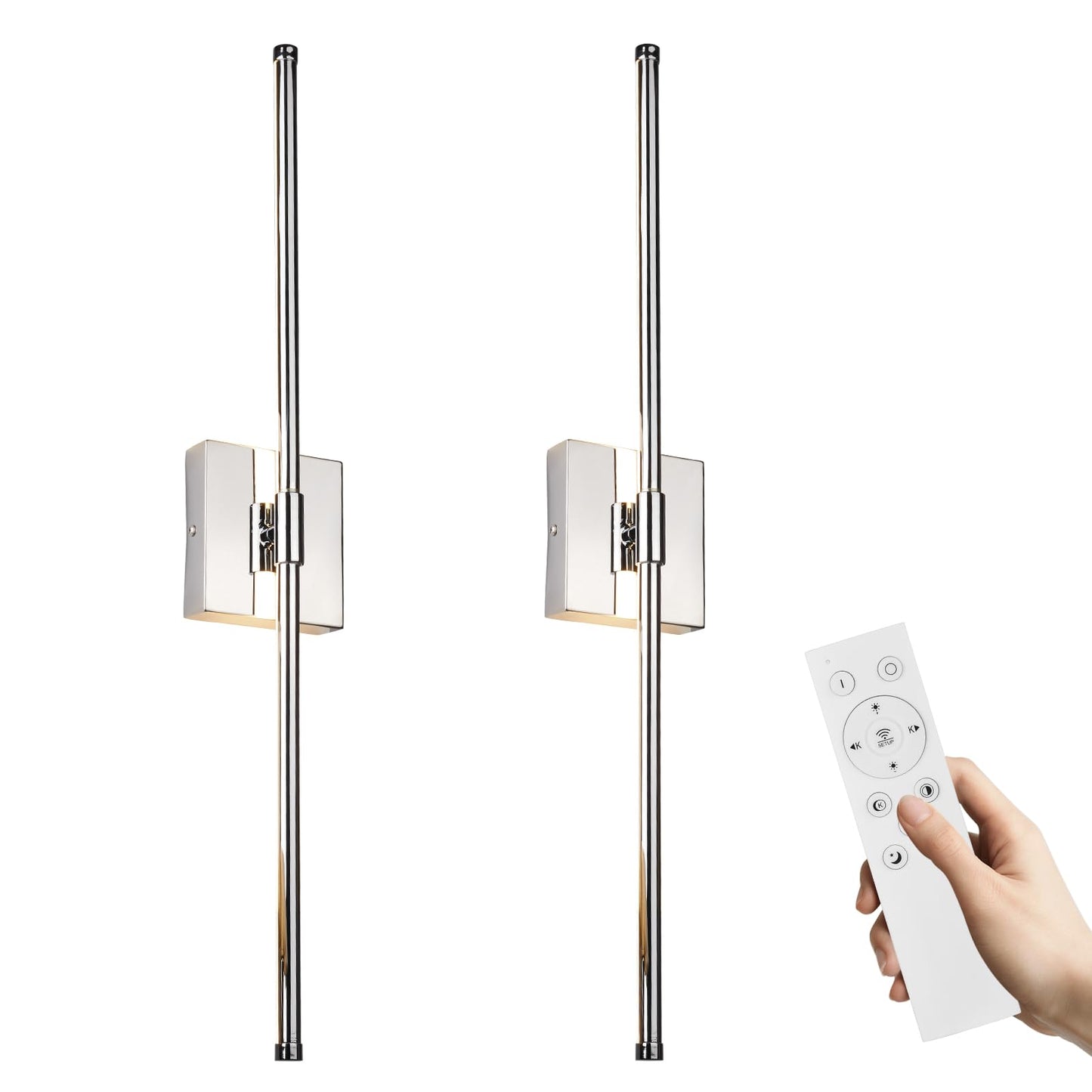 Goosebrite LED Wall Sconces Set of 2, Dimmable, Remote Control, Chrome, Iron