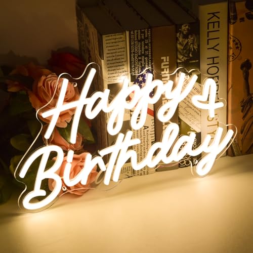 Happy Birthday Neon Sign for Party and Wall Decor,15 * 9 inch Warm White Led Neon Light Signs with USB and Dimmer Switch,H...