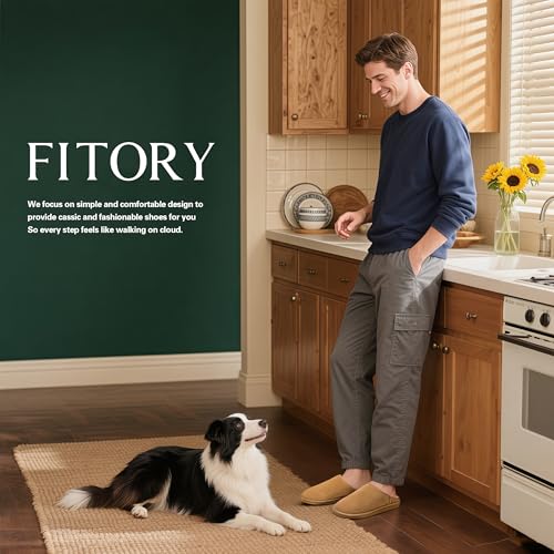 FITORY Men’s Winter Genuine Leather Slippers, Comfy Memory Foam Suede Shoes with Warm Fleece-Lined for Indoor and Outdoor ...