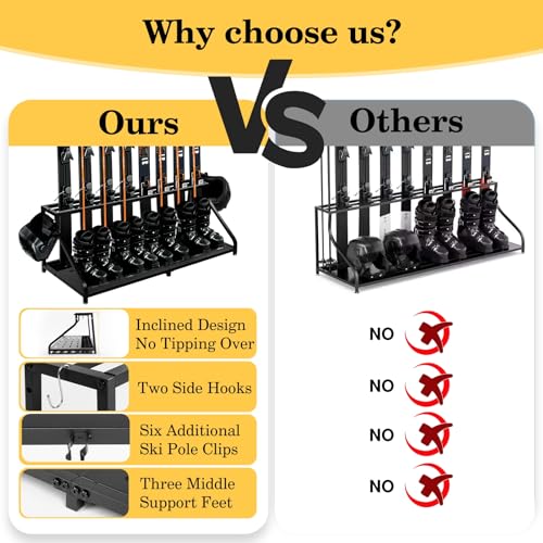 SILKPE Freestanding Snowboard Ski Storage Rack – Inclined Design, No Tipping Over, for 8 Pairs Ski, 4 Pairs Ski Boots, 2 H...