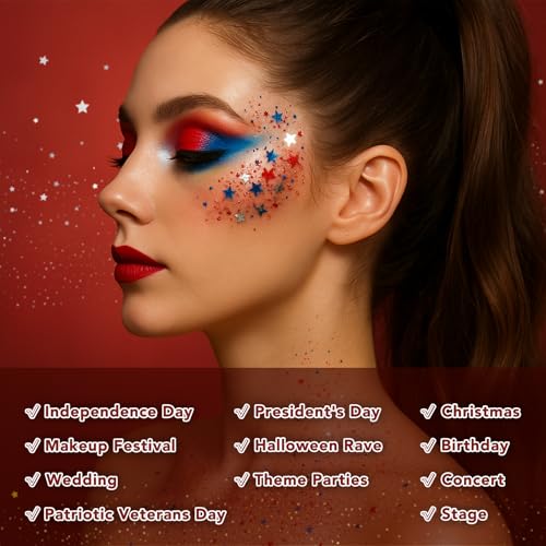 Red White Blue USA Flag Face Body Glitter, Pride Glitter Gel for Hair Nail Art, Holographic Chunky Sequins for Independenc...