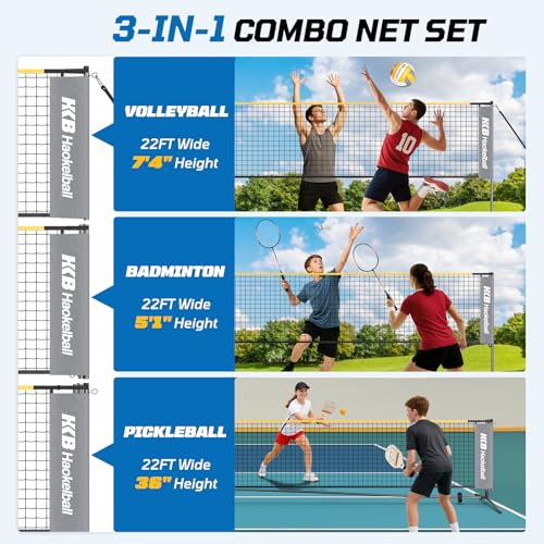 Haokelball Badminton Volleyball Pickleball Net Set, 22FT Portable All-in-One Nets System for Outdoor Beach Indoor with Adj...