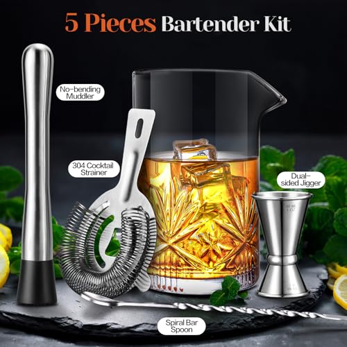 Cocktail Mixing Glass, veecom 18oz Crystal Bartender Kit, 5 Piece Bar Mixing Glass Old Fashioned Cocktail Kit with Straine...