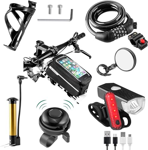 SODPE 8 Pack Bicycle Accessories, Bike Light Set USB Rechargeable, 1 Bike Water Bottle Holder, Bicycle Bag and 1 Bike Alum...
