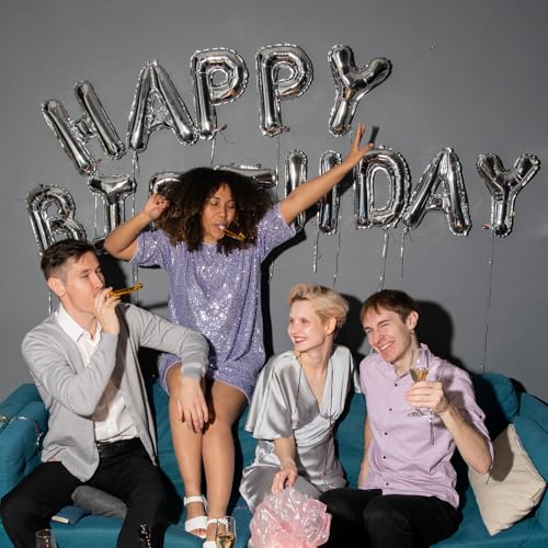 Silver Happy Birthday Balloon Banner Set -16 Inch Foil Letters Balloons, Reusable Birthday Decorations and Party Supplies,...