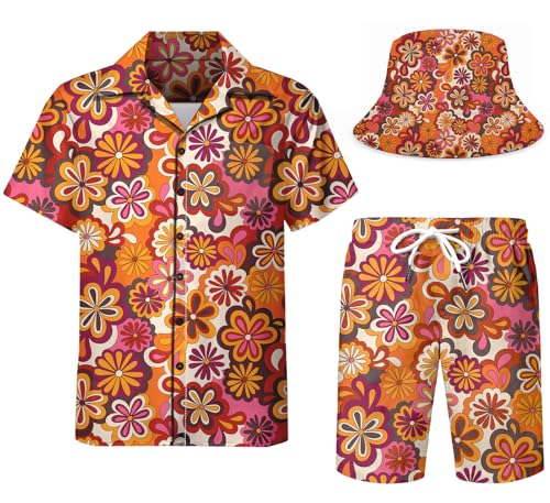 DOOPCCOR Men's 3 Piece Tracksuit Cuban Collared funny Hawaiian Shirt Shorts Button Down Sets With Bucket Hats