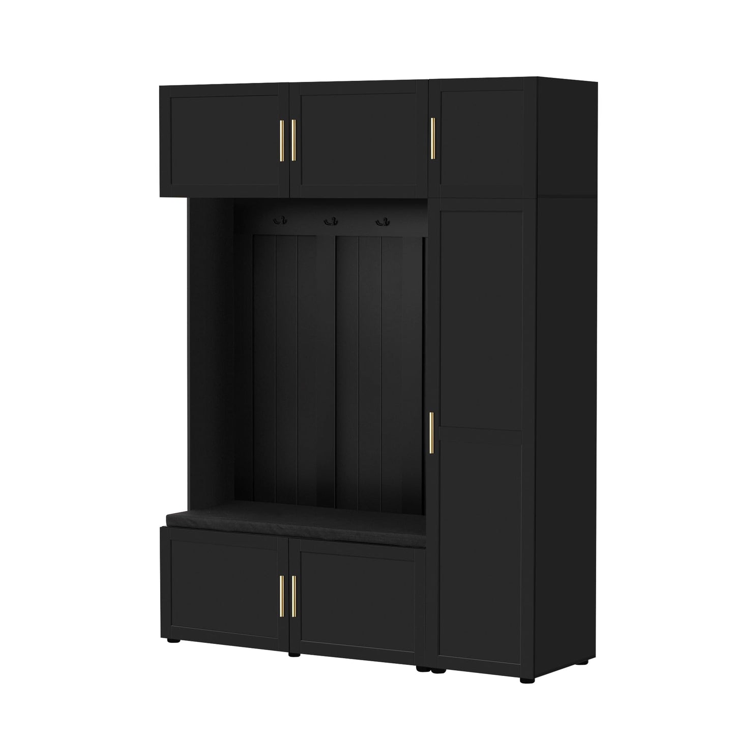 Shaical Hall Tree with Padded Bench and Shoe Storage, 4-in-1 Entryway Bench with Multi-Tier Storage Shelves & Cabinets, 4 Hooks, 79.7" H Wooden Storage Organizer for Entrance, Hallway, Mudroom, Black