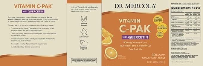 Dr. Mercola Vitamin C-PAK with Quercetin - Daily Immune Support Drink - Zinc & Vitamin D3 Blend - Gluten-Free - Effervescent Orange Flavor - 30 Packets