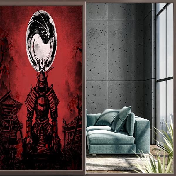 Japanese Samurai Window Film Abstract Vintage Samurai Blossom Dragon Full Moonstained Glass Window Film,Playroom Window Film,Nursery Window Film 17.7Wx23.6L-Inch X1Pcs