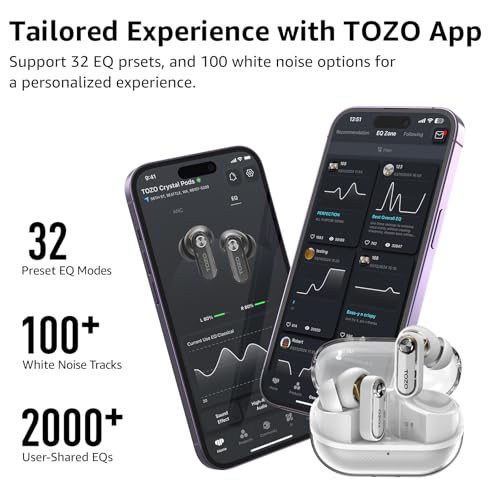 TOZO Crystal Pods Hybrid Active Noise Cancelling Wireless Earbuds, 10mm Drivers Deep Bass, 4 Mics Smart ENC AI Calls, Rea...