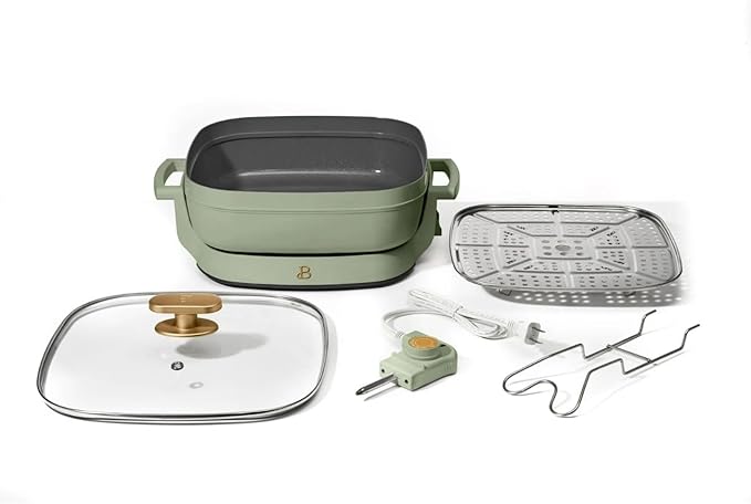 Beautiful 5-in-1 Electric Skillet 7QT, Cast Aluminum Extender, Nonstick, 1500W, Dishwasher-Safe Lid, Slow Cook, Steam (Sage Green)