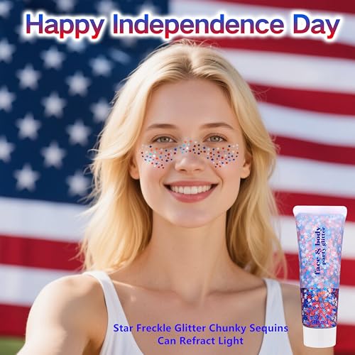 Go Ho 4th of July Outfits for Women&Kids Glitters Makeup,Red White and Blue Face Body Glitter,Fourth of July Accessories,H...