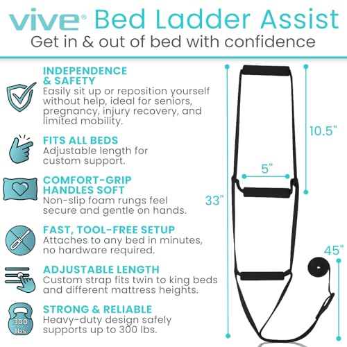 Vive Bed Ladder Assist - Pull Up Assist Device with Handle Strap - Rope Ladder Caddie Helper - Sitting, Sit Up Hoist for E...